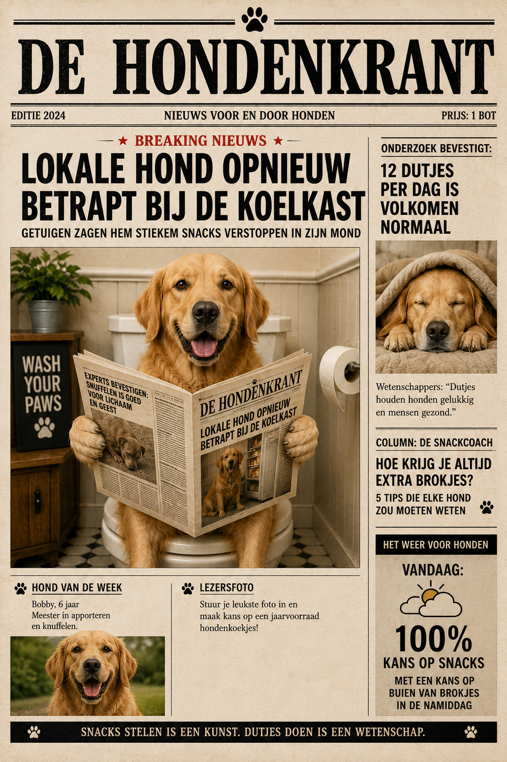 De Hondenkrant – Gepersonaliseerde Krantenposter van Jouw Hond ⭐⭐⭐⭐⭐