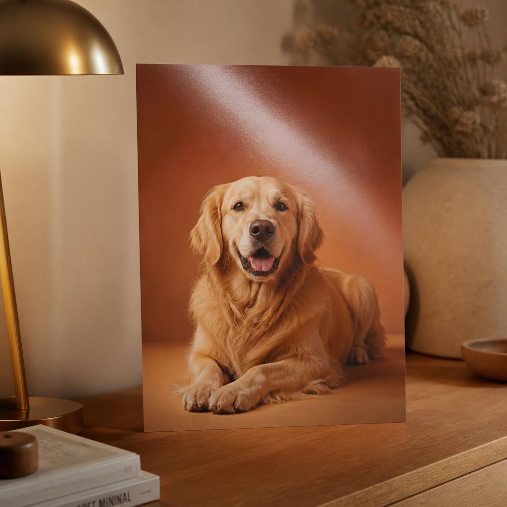 Golden retriever-portret gedrukt op satijn fotopapier in warm licht