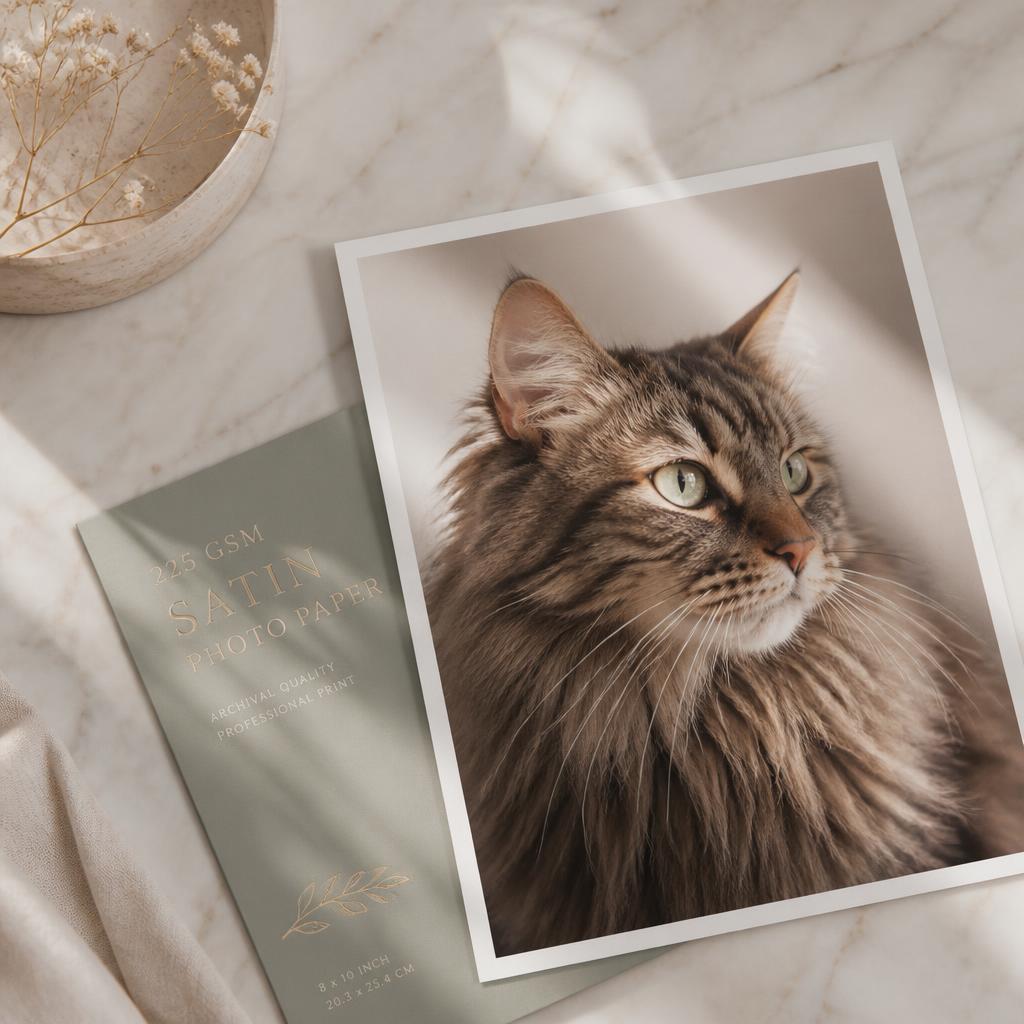 Kattenportret op satijn fotopapier naast een marmeren oppervlak