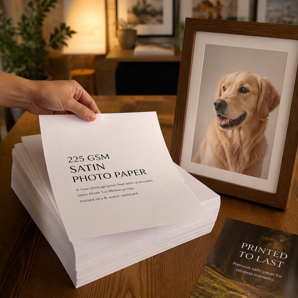 Stapel 225 g/m² satijn fotopapier die het gewicht laat zien