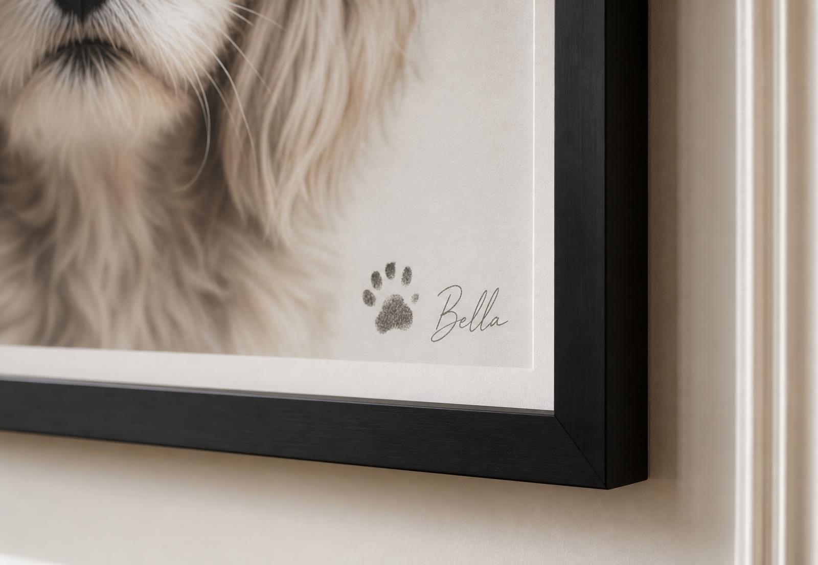 Detail van een ingelijst dierenportret met de échte pootafdruk en de naam Bella als handtekening