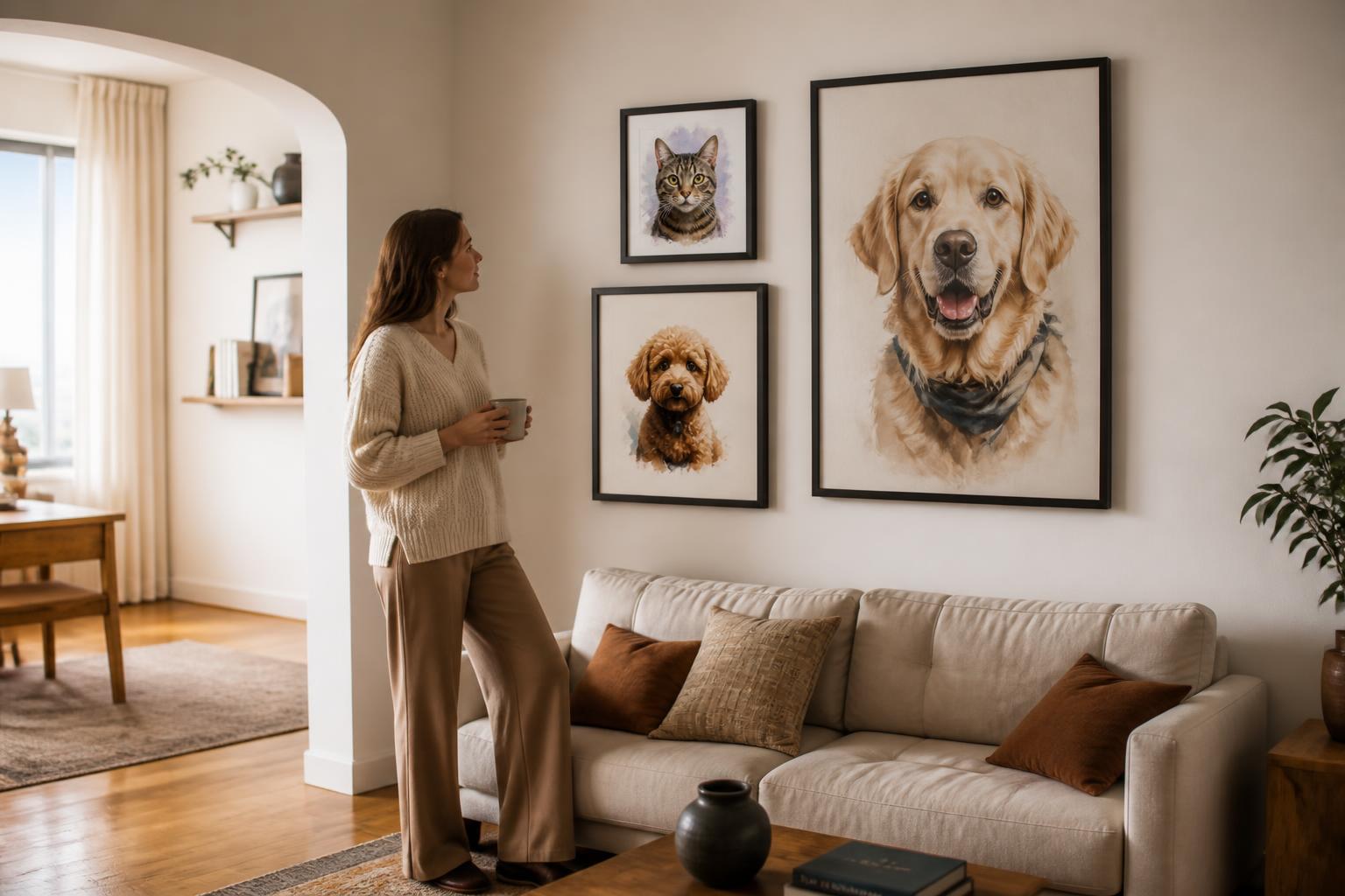 Een vrouw in een warme Scandinavische woonkamer naast drie ingelijste huisdierportretten in de formaten 20×30, 30×40 en 50×70 cm.