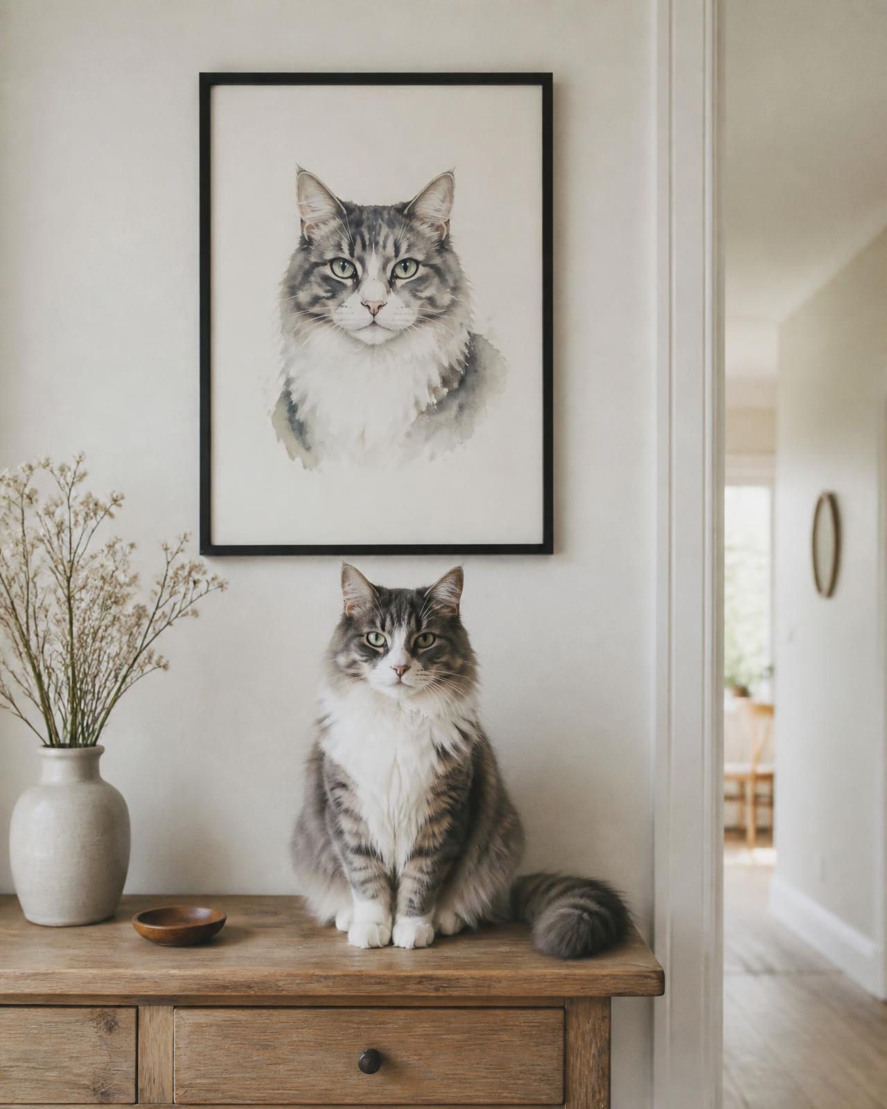 Kat zit onder haar eigen portret in de gang