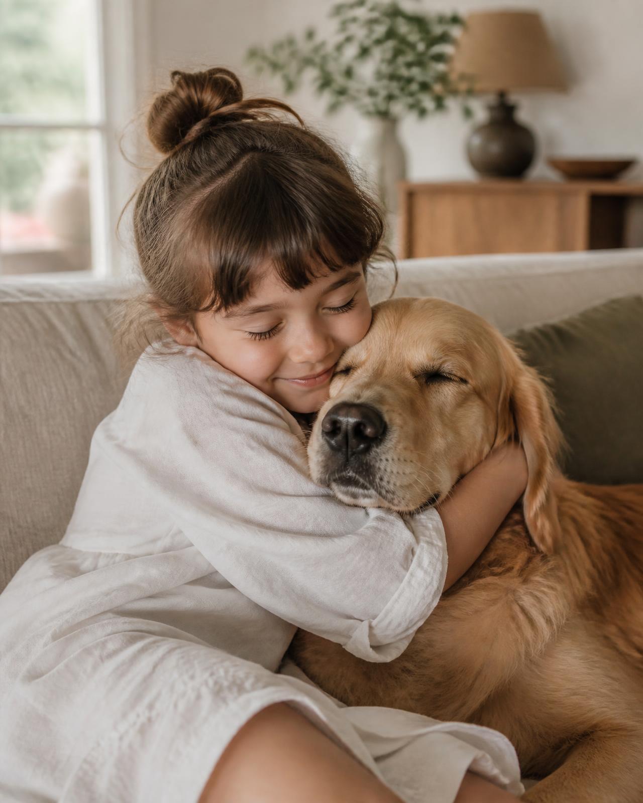 Meisje knuffelt de familiehond op de bank
