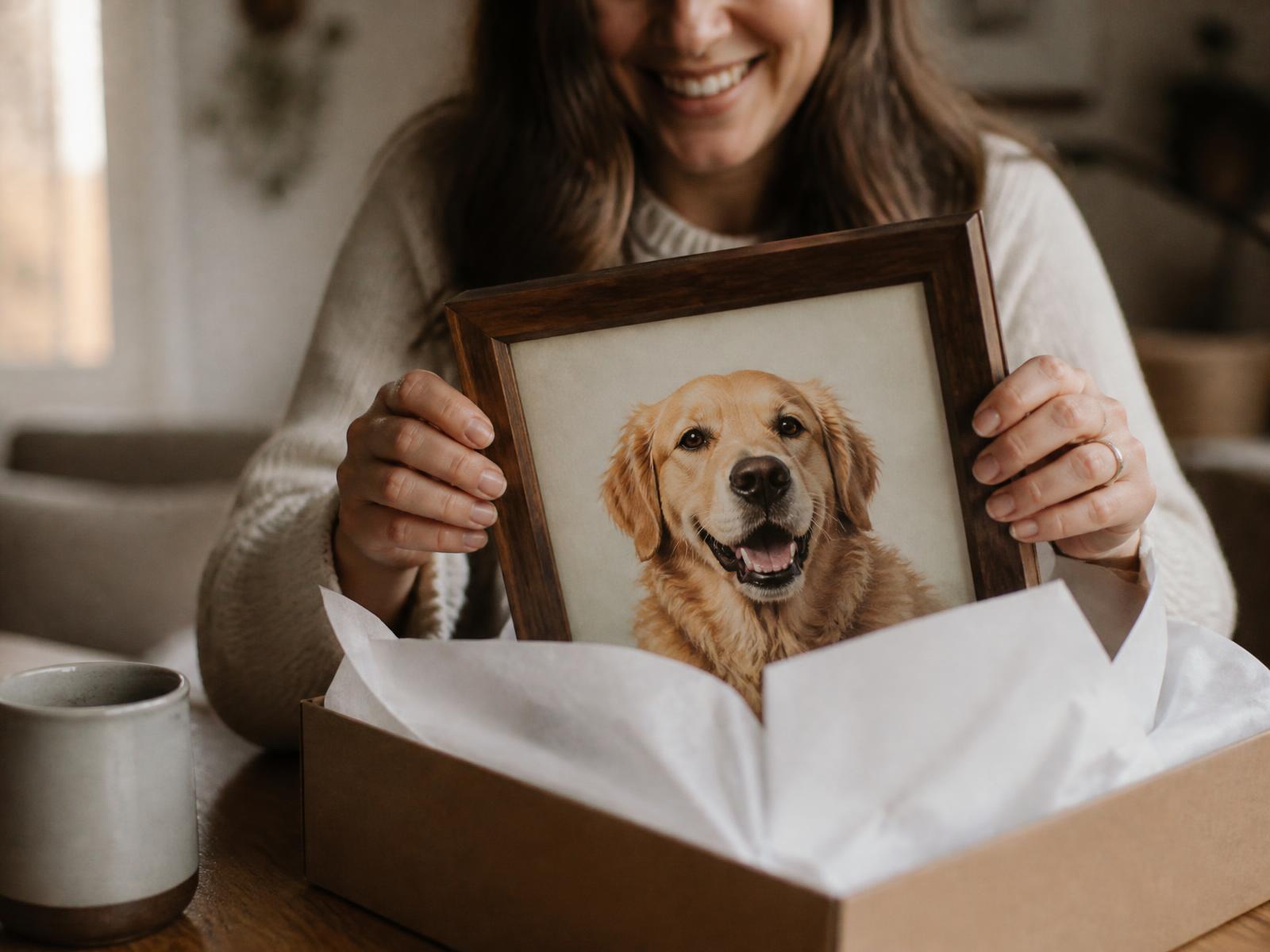 Vrouw pakt lachend haar ingelijste hondenportret uit als cadeau